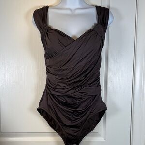 Badgley Mischka Drape Maillot Brown Sweetheart Neckline Swimsuit Small EUC #5731